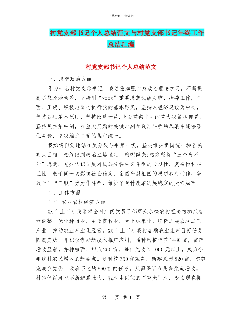 村党支部书记个人总结范文与村党支部书记年终工作总结汇编_第1页