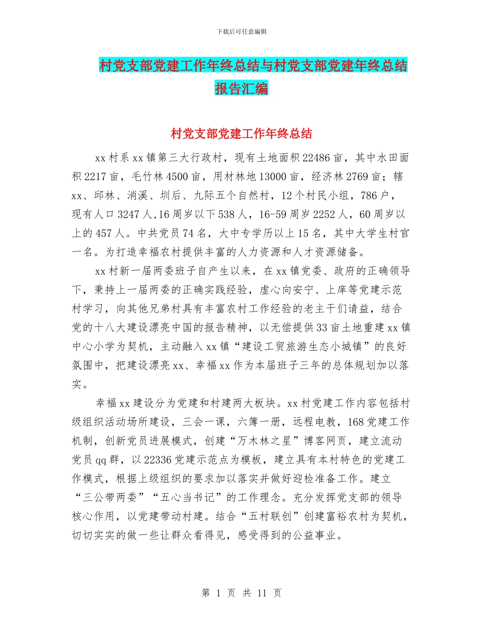 村党支部党建工作年终总结与村党支部党建年终总结报告汇编_第1页