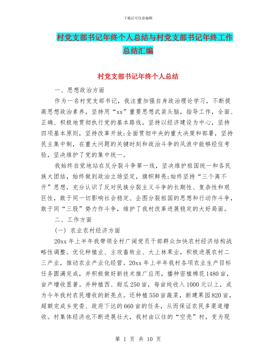村党支部书记年终个人总结与村党支部书记年终工作总结汇编_第1页