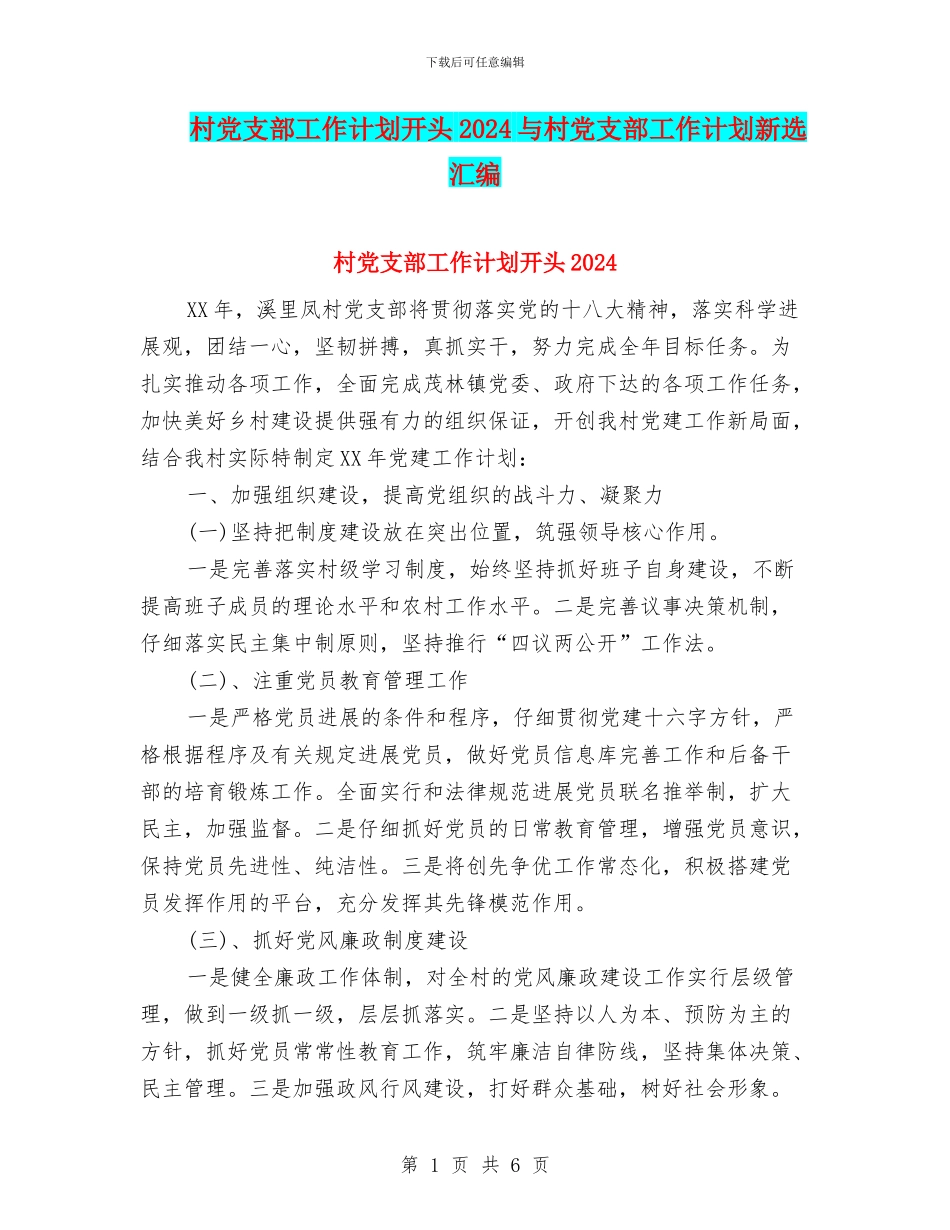 村党支部工作计划开头2024与村党支部工作计划新选汇编_第1页