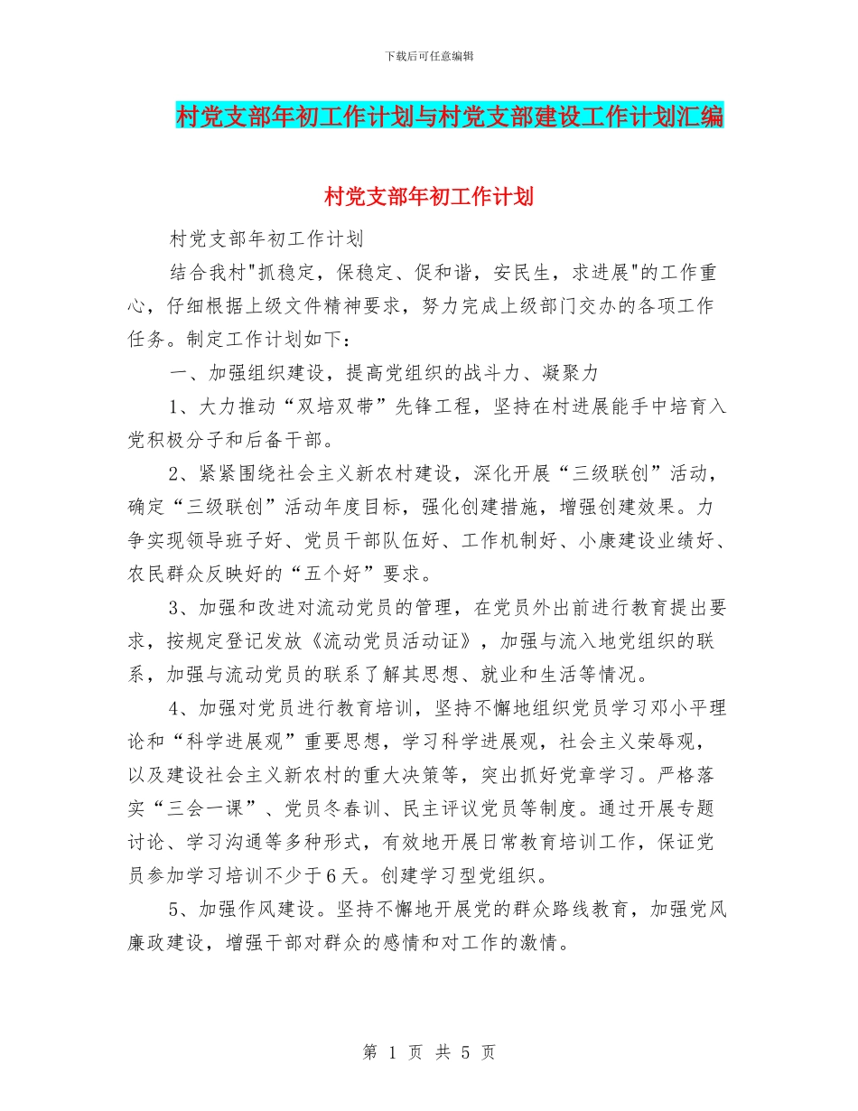 村党支部年初工作计划与村党支部建设工作计划汇编_第1页