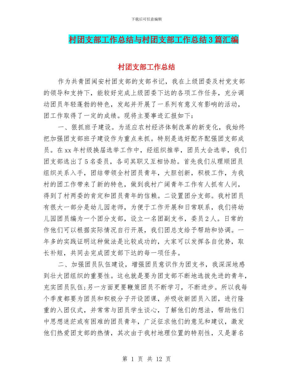 村团支部工作总结与村团支部工作总结3篇汇编_第1页