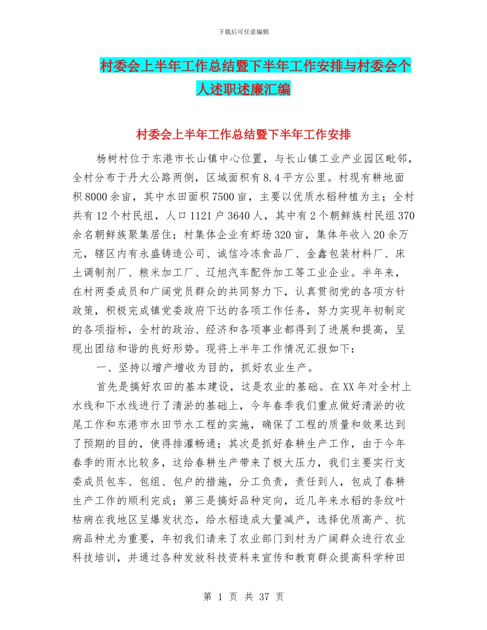 村委会上半年工作总结暨下半年工作安排与村委会个人述职述廉汇编_第1页