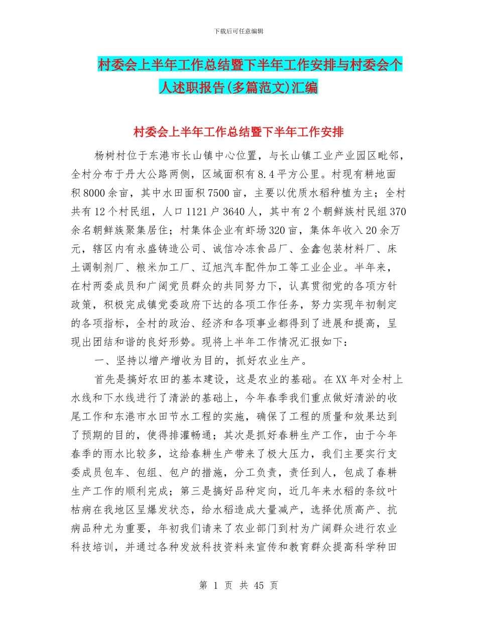 村委会上半年工作总结暨下半年工作安排与村委会个人述职报告汇编_第1页