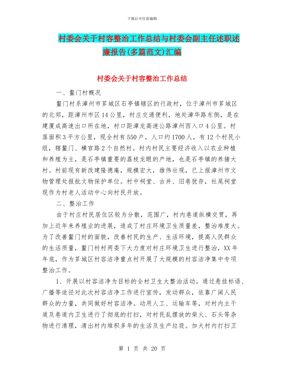 村委会关于村容整治工作总结与村委会副主任述职述廉报告汇编_第1页