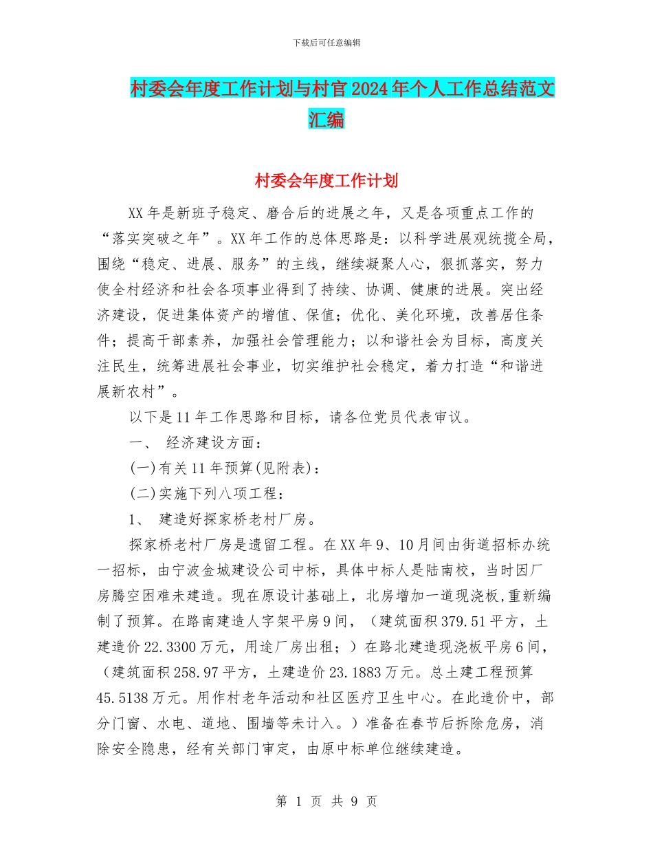 村委会年度工作计划与村官2024年个人工作总结范文汇编_第1页