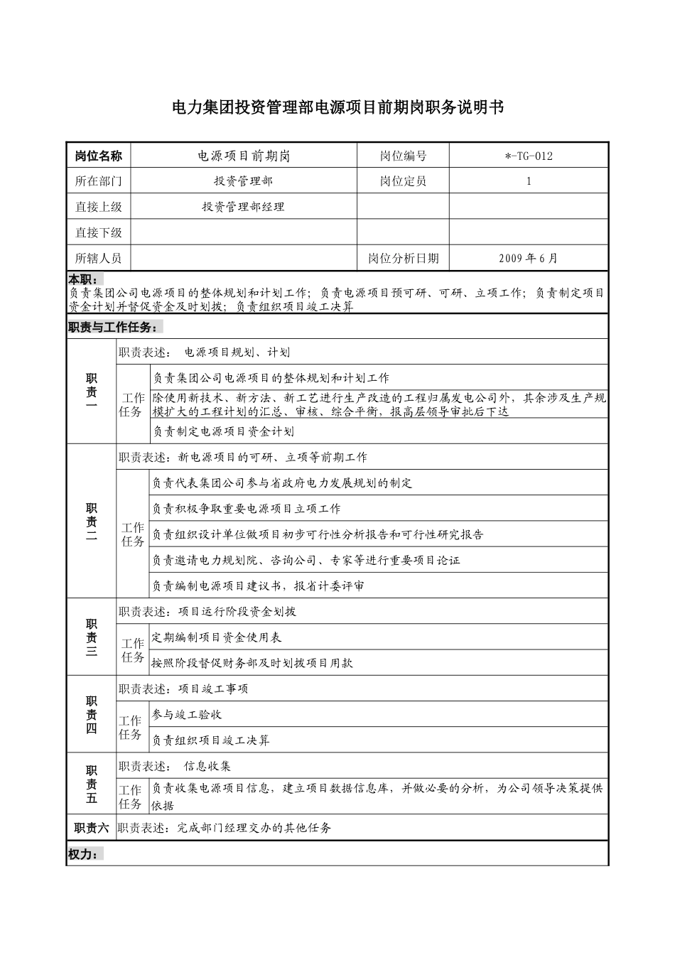 电力集团投资管理部电源项目前期岗职务说明书_第1页