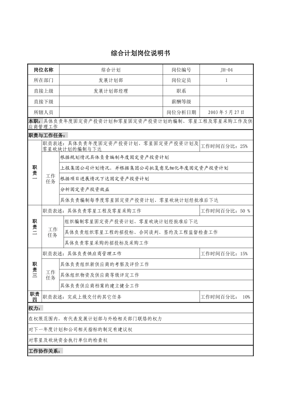 通信行业-发展计划部-综合计划岗位说明书_第1页