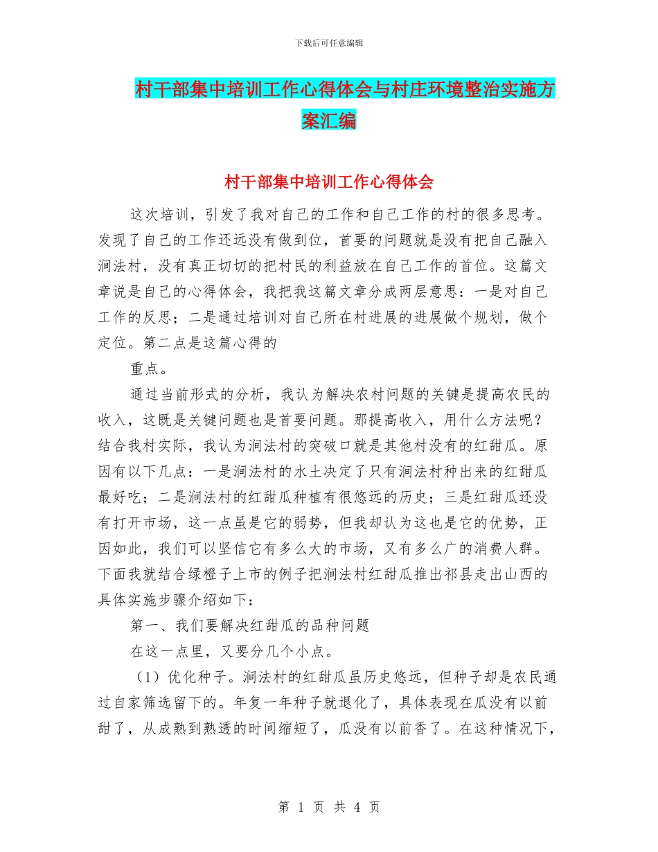村干部集中培训工作心得体会与村庄环境整治实施方案汇编_第1页
