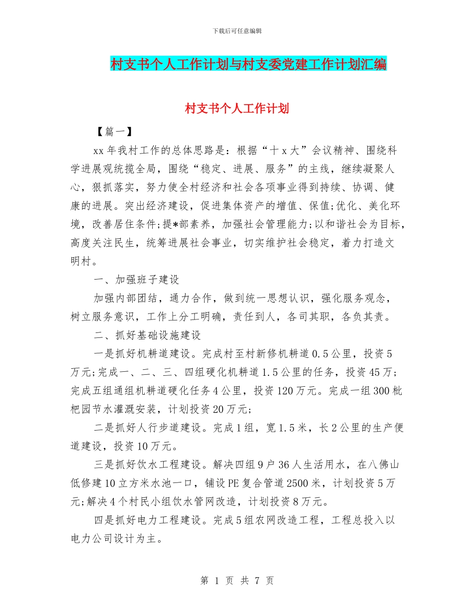 村支书个人工作计划与村支委党建工作计划汇编_第1页