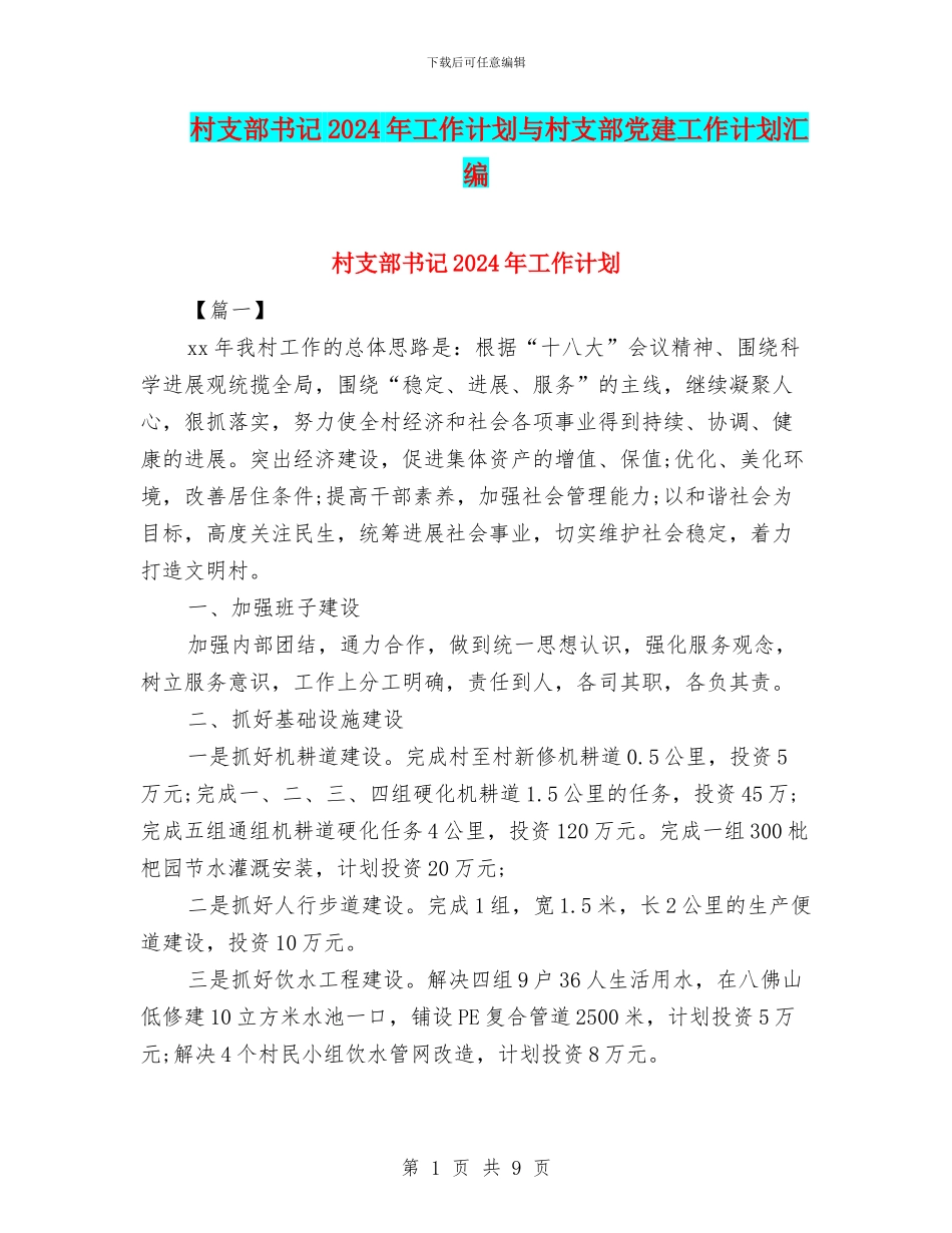 村支部书记2024年工作计划与村支部党建工作计划汇编_第1页