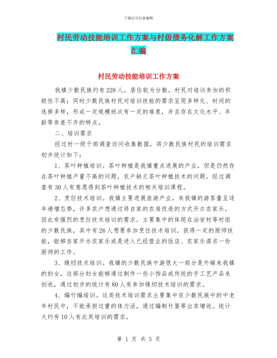 村民劳动技能培训工作方案与村级债务化解工作方案汇编_第1页