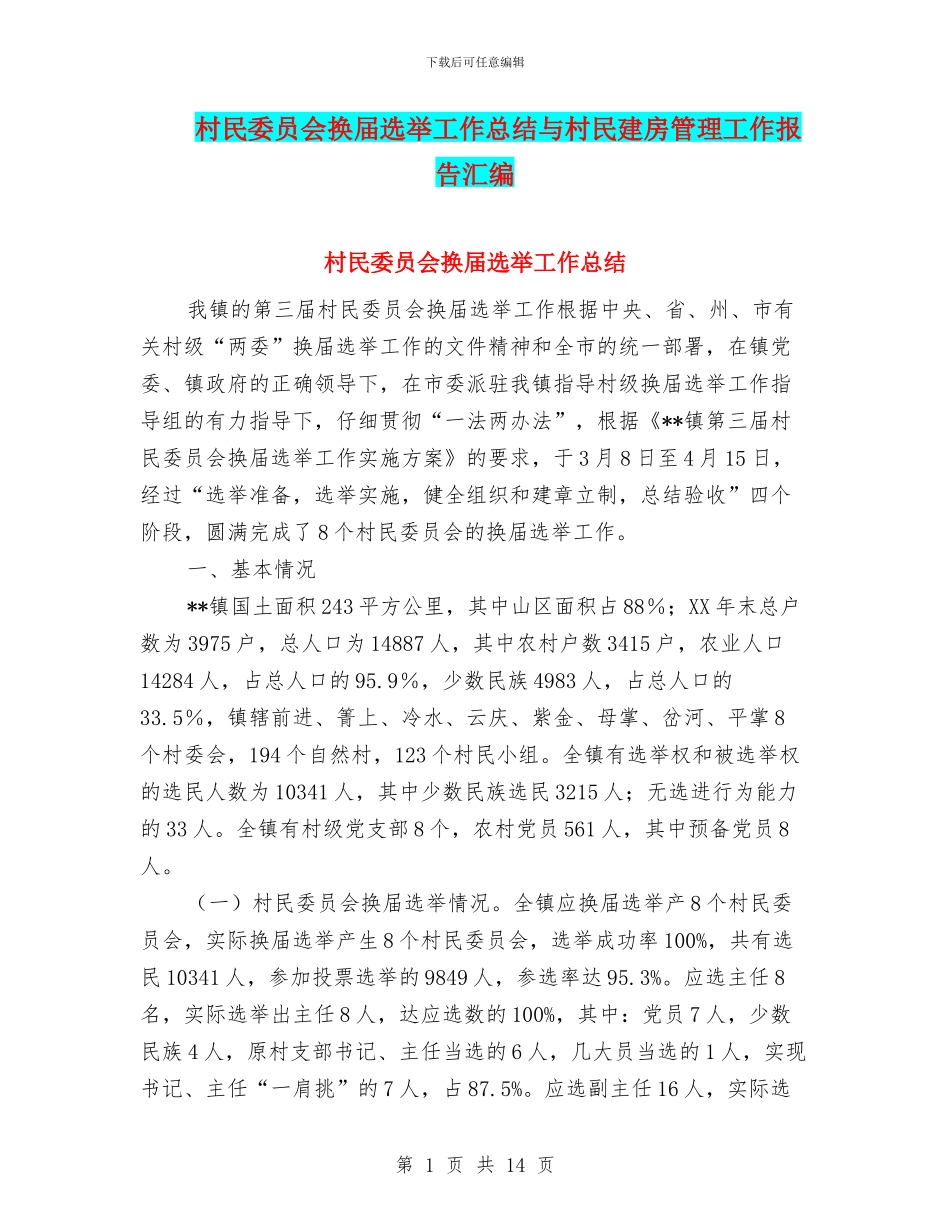 村民委员会换届选举工作总结与村民建房管理工作报告汇编_第1页