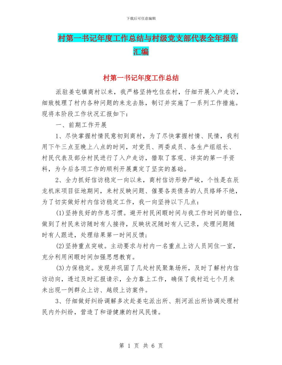 村第一书记年度工作总结与村级党支部代表全年报告汇编_第1页