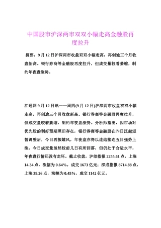 中国股市沪深两市双双小幅走高金融股再度拉升