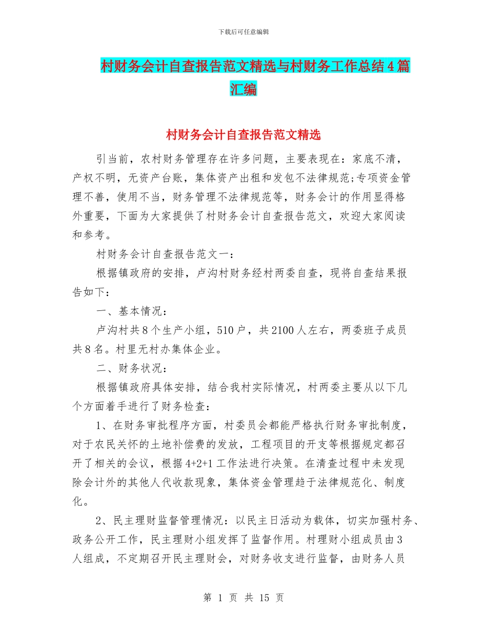 村财务会计自查报告范文精选与村财务工作总结4篇汇编_第1页