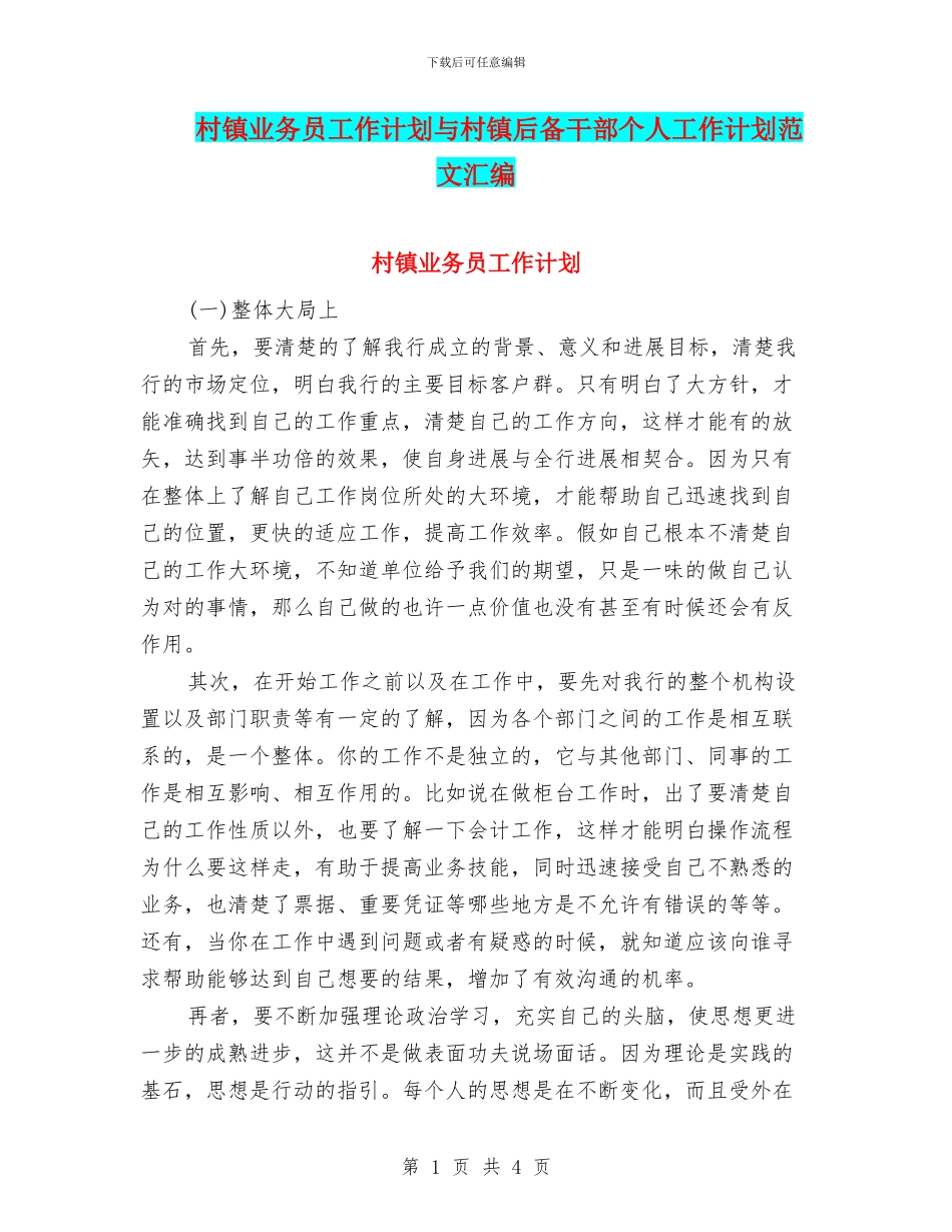 村镇业务员工作计划与村镇后备干部个人工作计划范文汇编_第1页