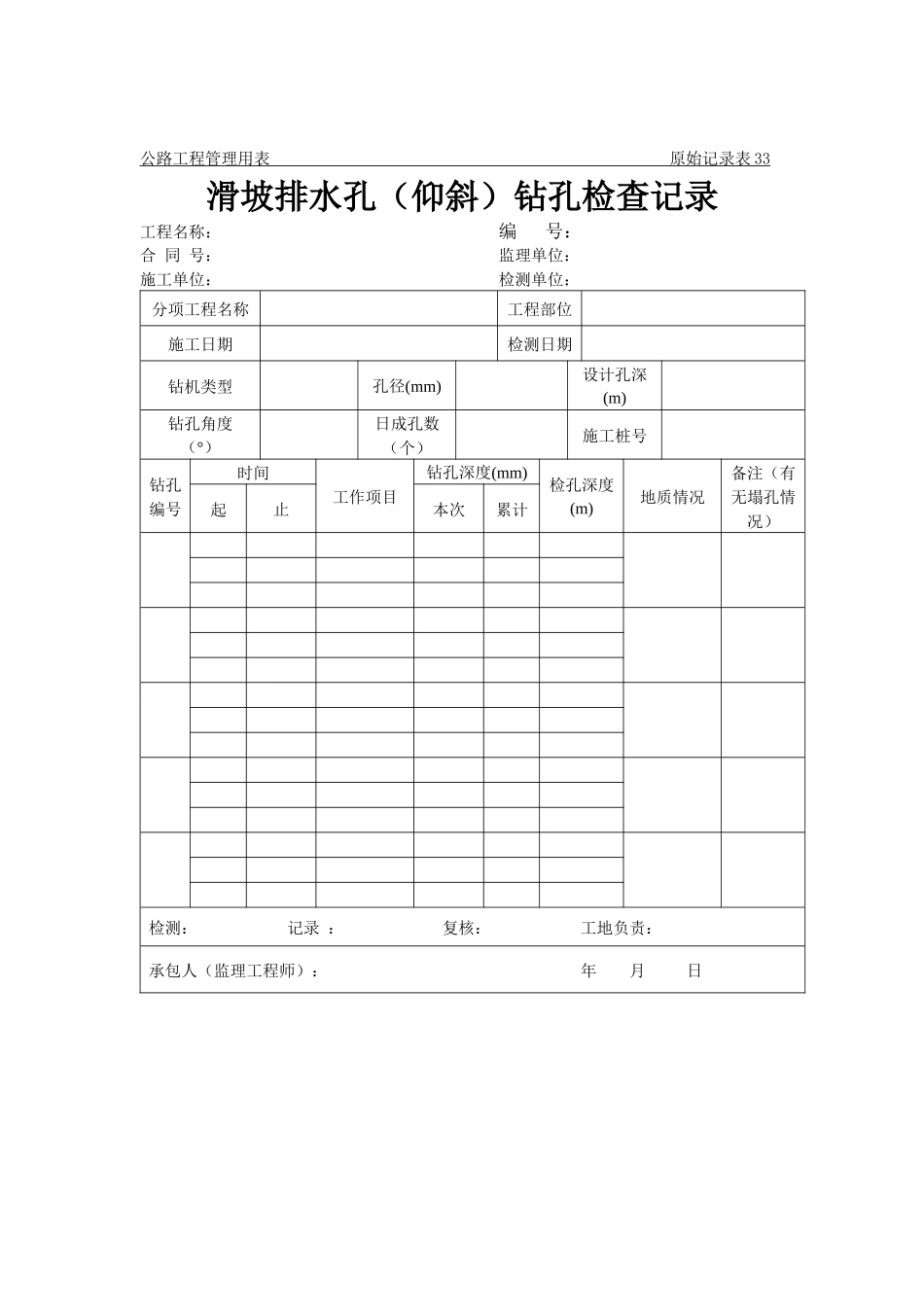 公路工程管理用表范本-滑坡排水孔（仰斜）钻孔检查记录_第1页
