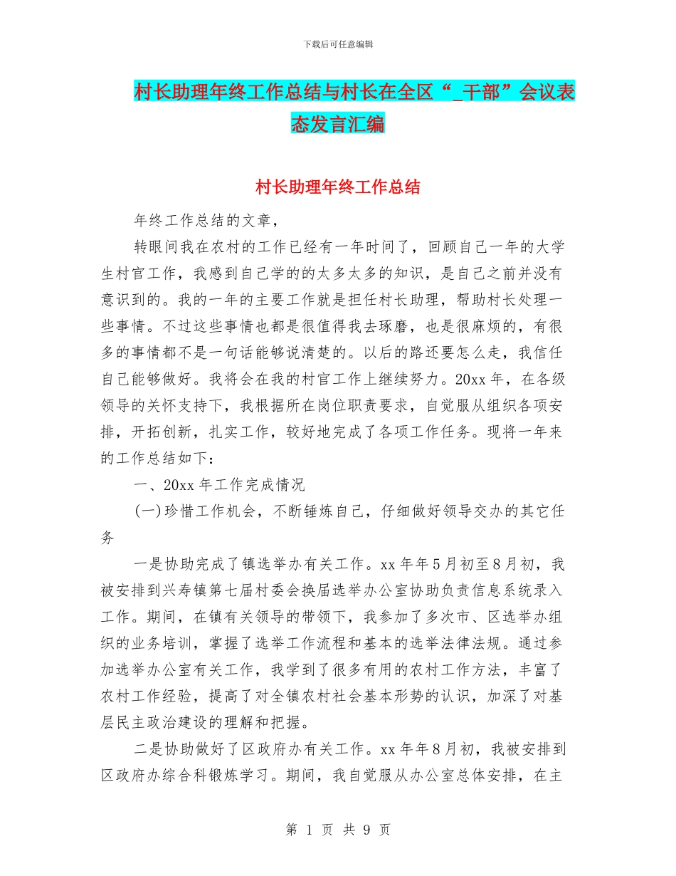村长助理年终工作总结与村长在全区“_第1页