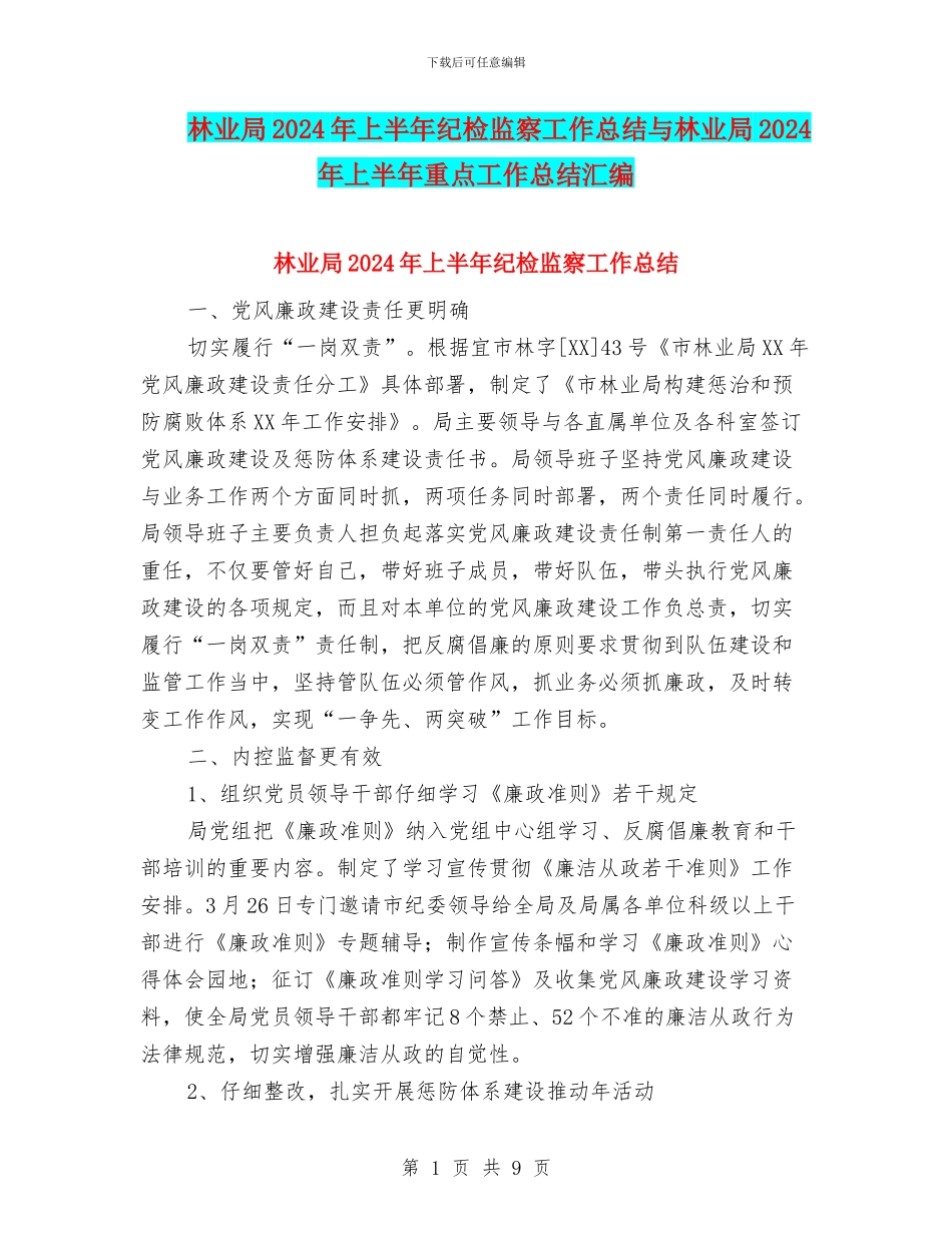 林业局2024年上半年纪检监察工作总结与林业局2024年上半年重点工作总结汇编_第1页