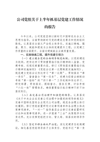 公司党组关于上半年抓基层党建工作情况的报告
