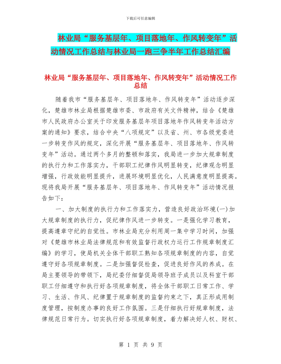 林业局“服务基层年、项目落地年、作风转变年”活动情况工作总结与林业局一跑三争半年工作总结汇编_第1页