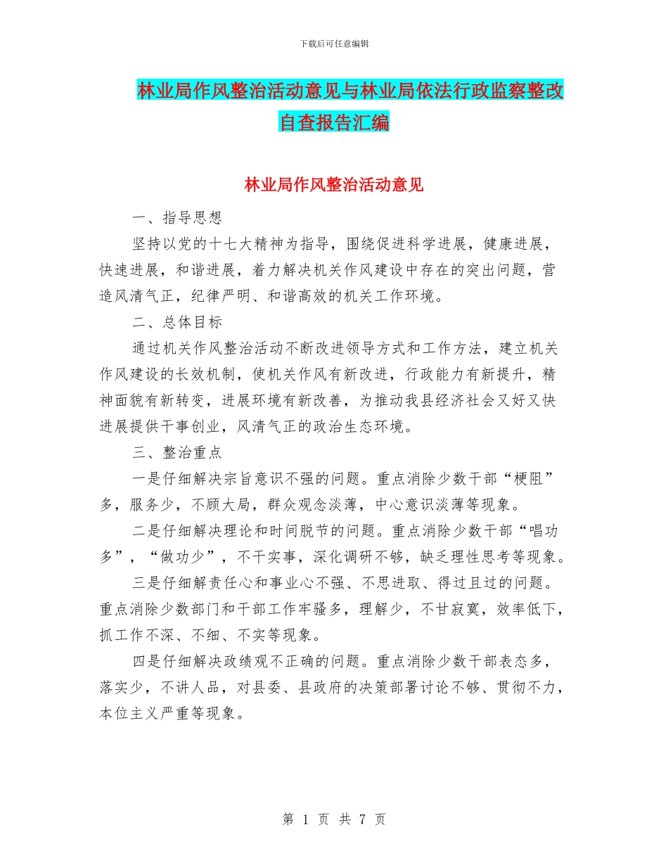 林业局作风整治活动意见与林业局依法行政监察整改自查报告汇编_第1页