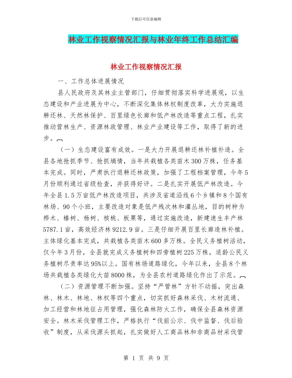 林业工作视察情况汇报与林业年终工作总结汇编_第1页