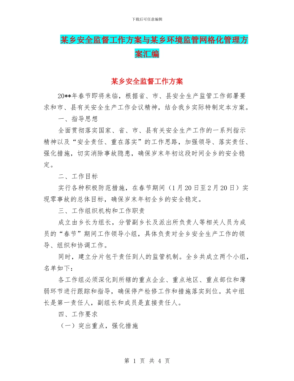某乡安全监督工作方案与某乡环境监管网格化管理方案汇编_第1页