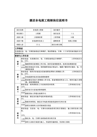 酒店水电班工程师岗位说明书