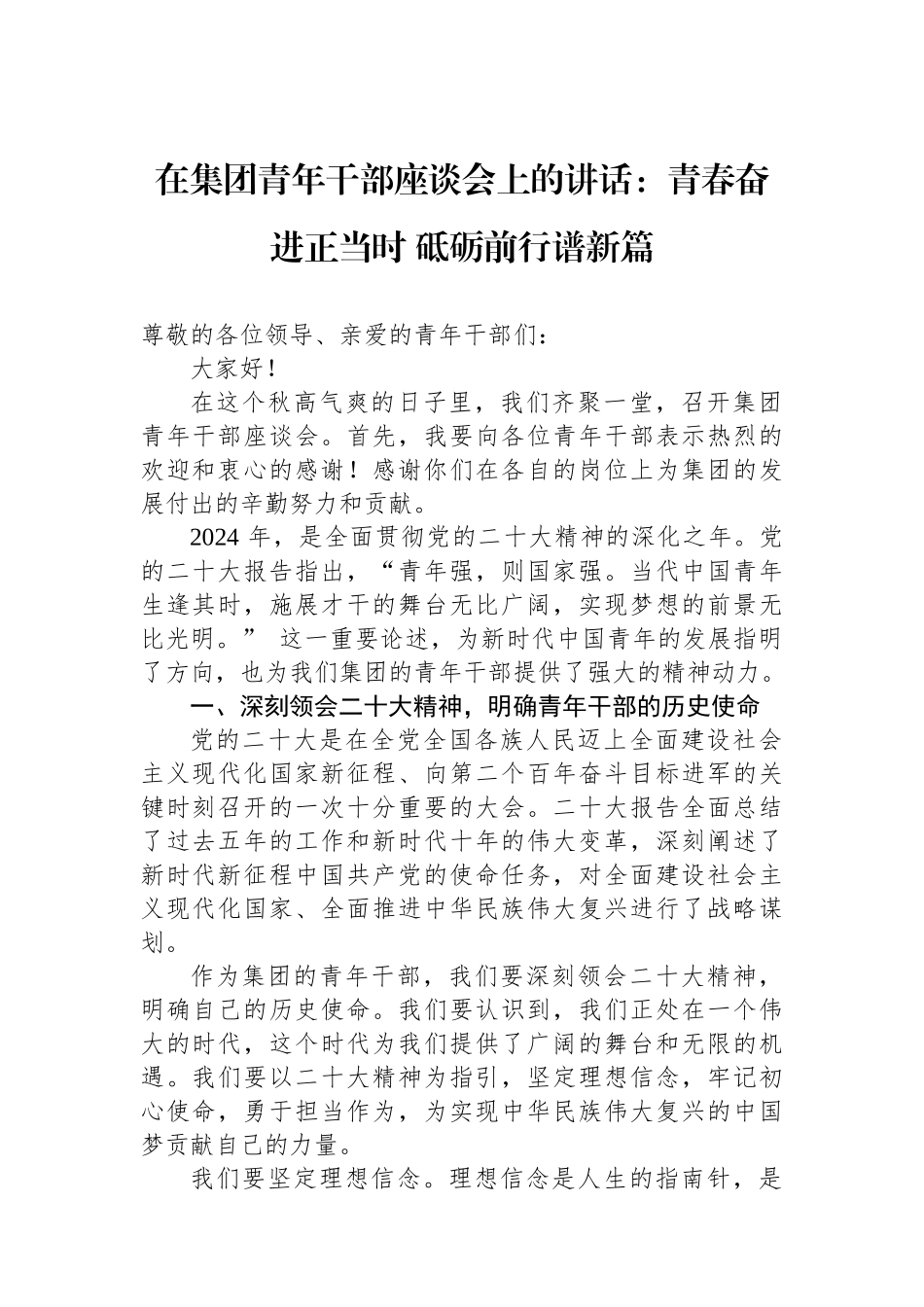 在集团青年干部座谈会上的讲话：青春奋进正当时砥砺前行谱新篇_第1页