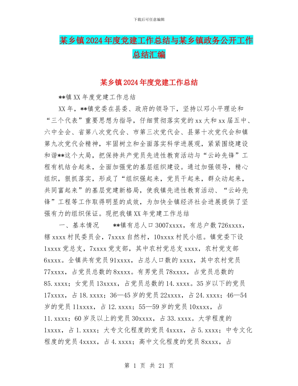某乡镇2024年度党建工作总结与某乡镇政务公开工作总结汇编_第1页