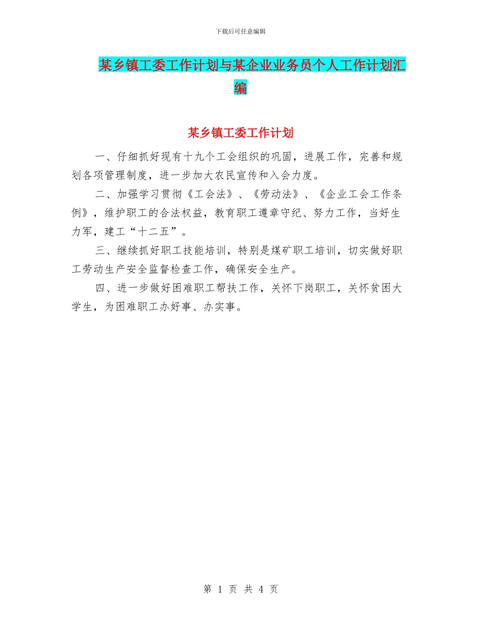 某乡镇工委工作计划与某企业业务员个人工作计划汇编_第1页