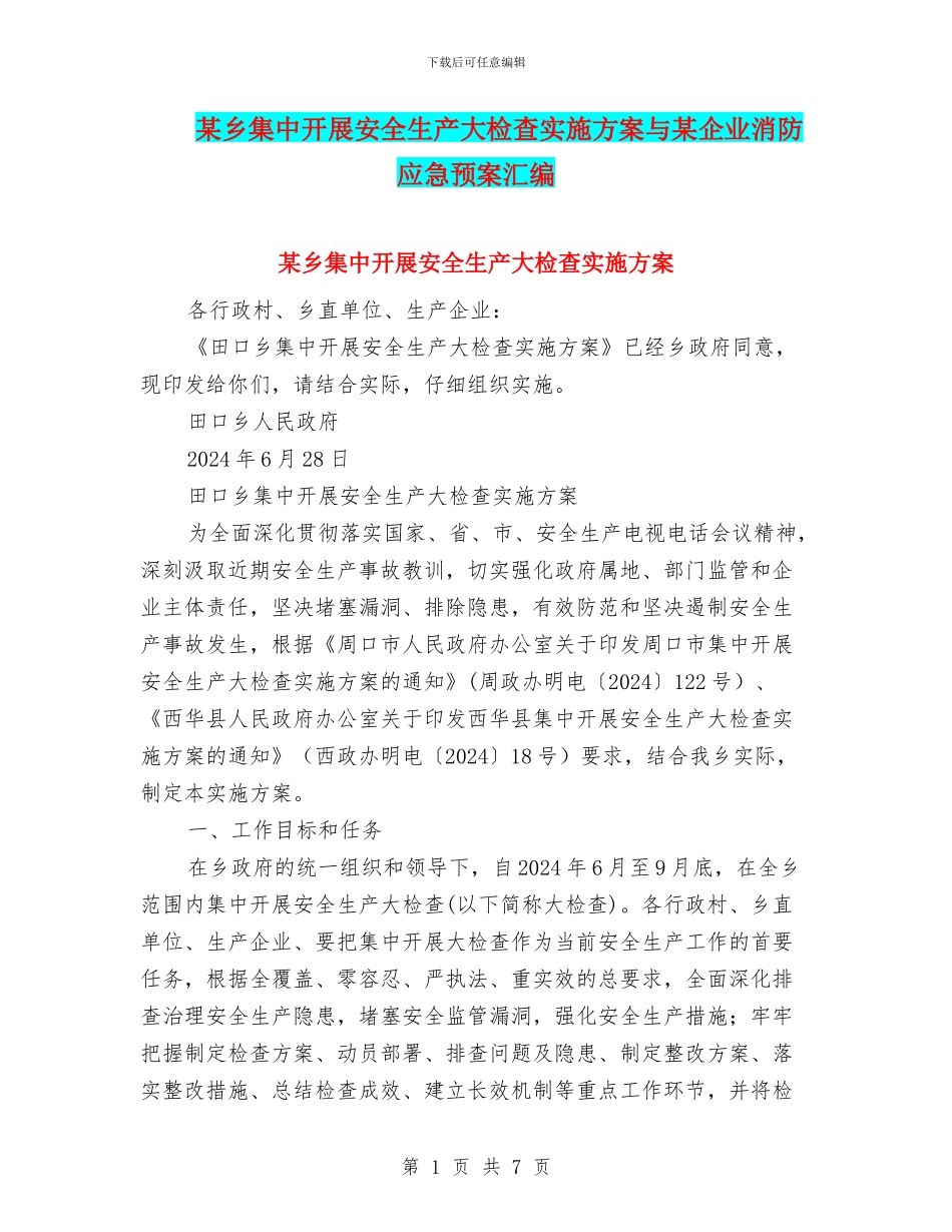 某乡集中开展安全生产大检查实施方案与某企业消防应急预案汇编_第1页