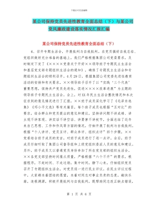 某公司保持党员先进性教育全面总结与某公司党风廉政建设落实情况汇报汇编