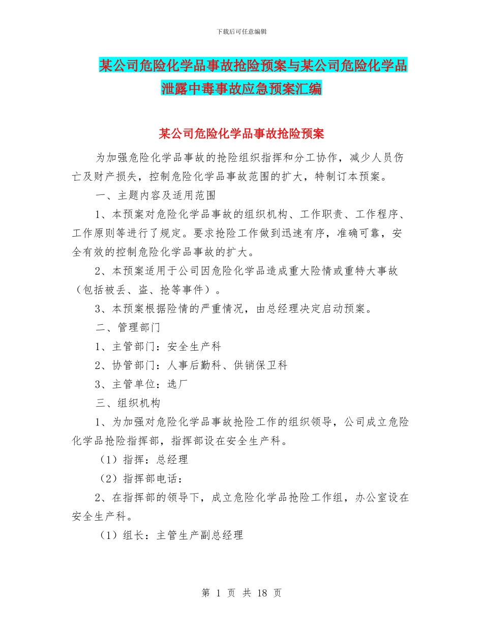 某公司危险化学品事故抢险预案与某公司危险化学品泄露中毒事故应急预案汇编_第1页
