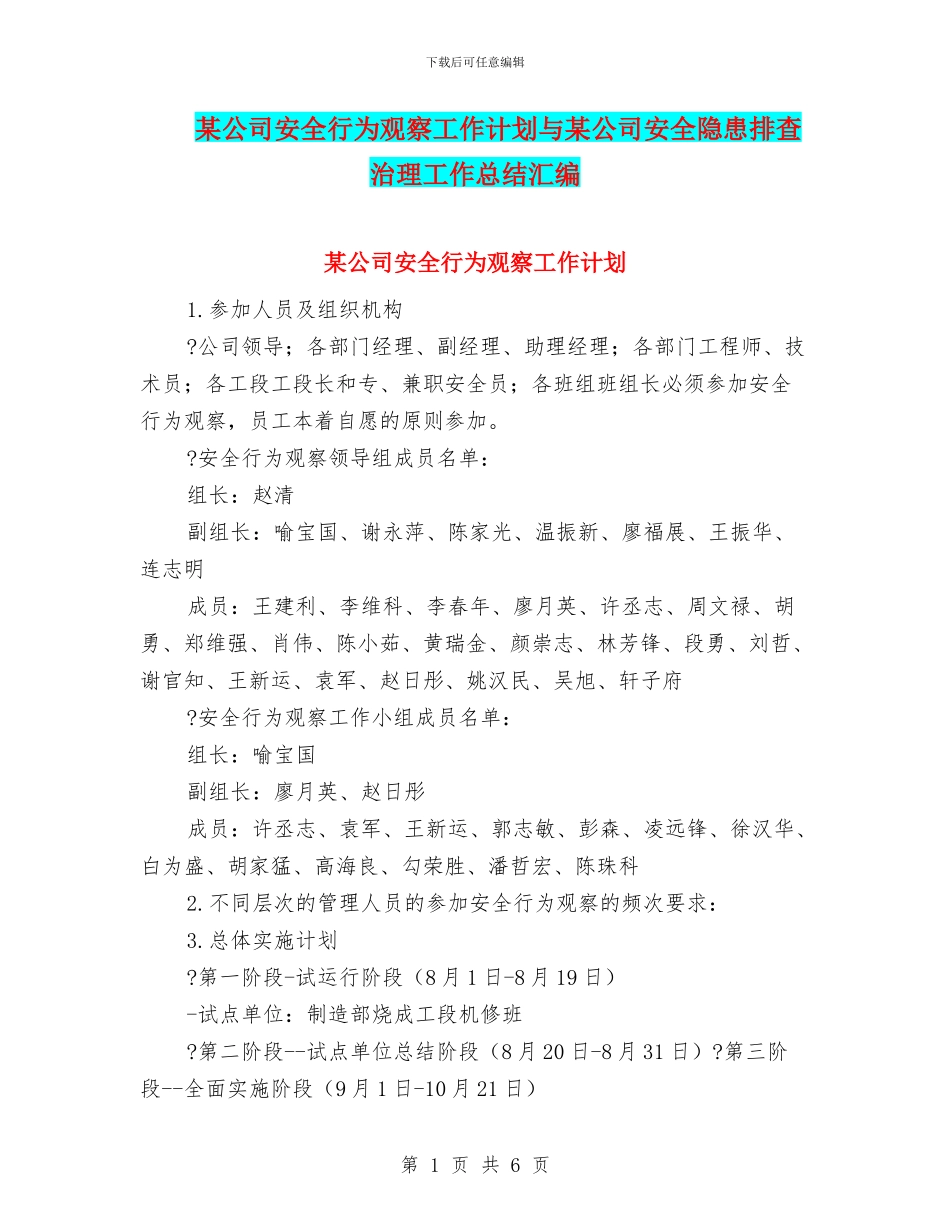 某公司安全行为观察工作计划与某公司安全隐患排查治理工作总结汇编_第1页
