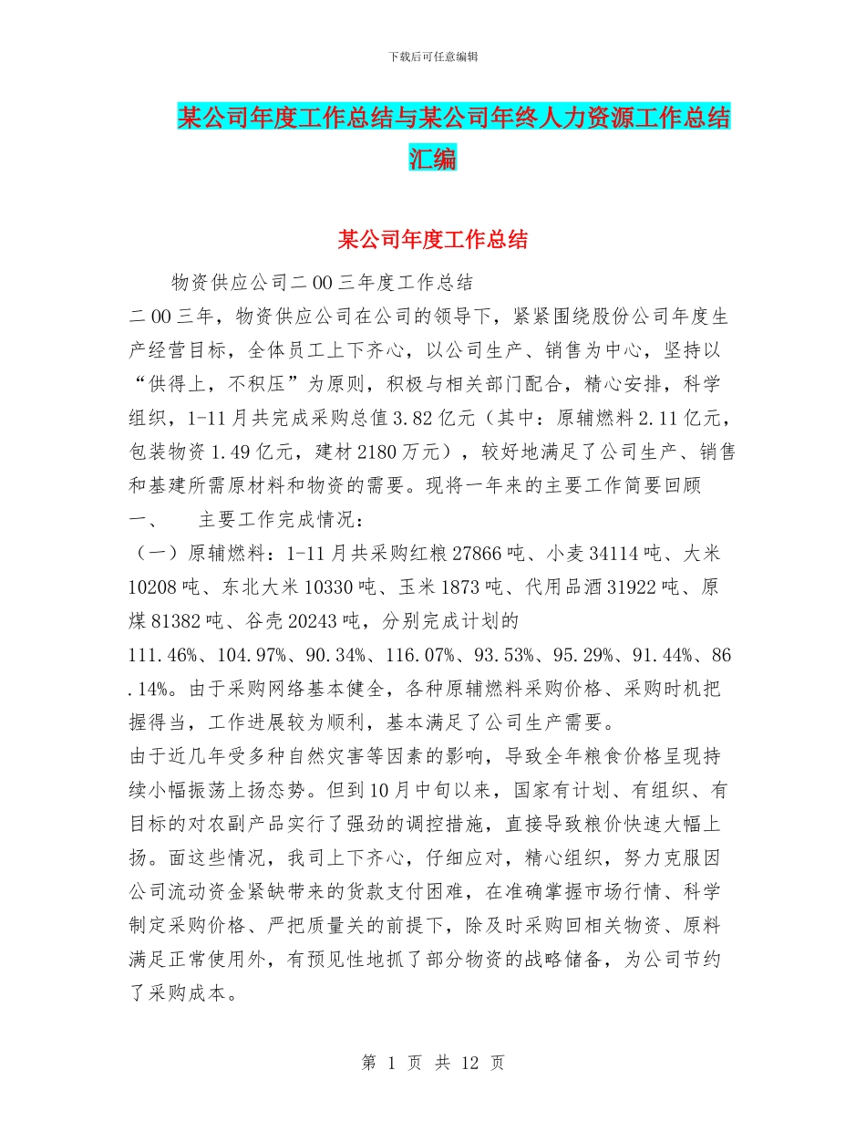 某公司年度工作总结与某公司年终人力资源工作总结汇编_第1页