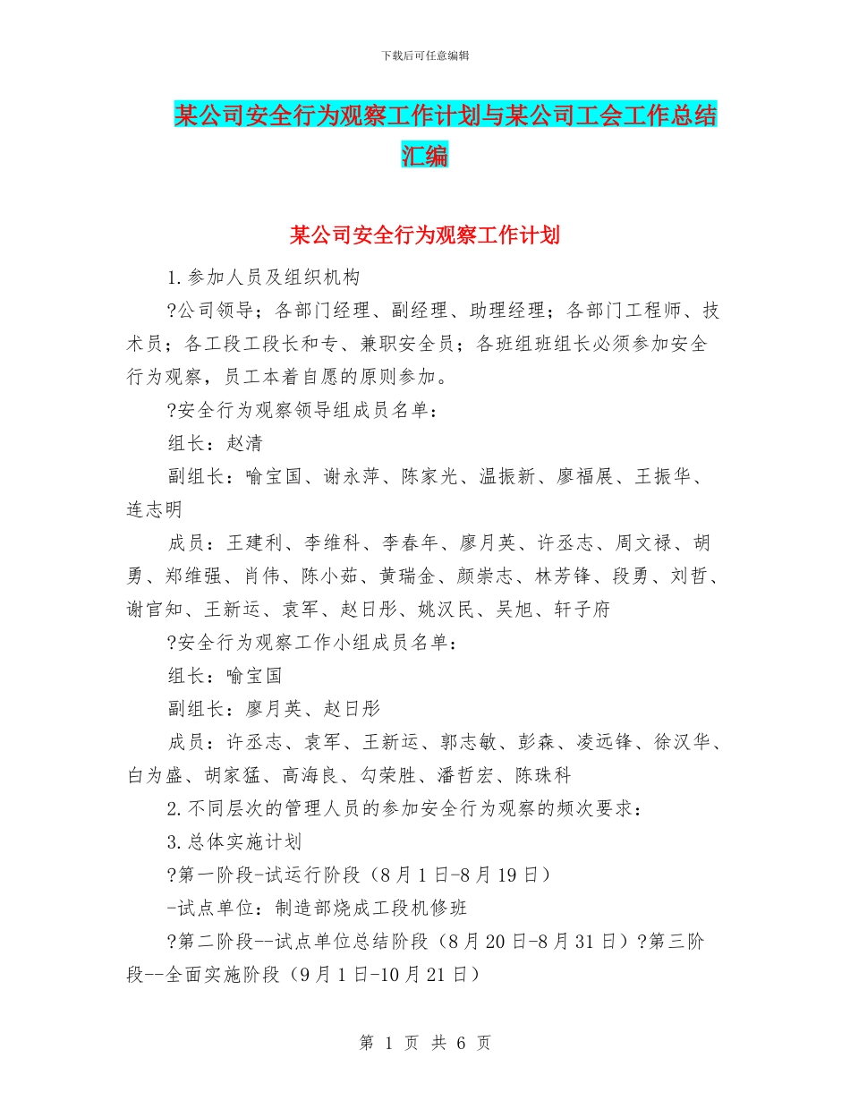 某公司安全行为观察工作计划与某公司工会工作总结汇编_第1页