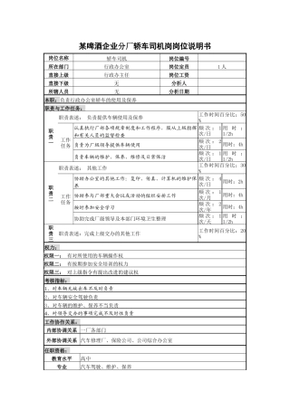 某啤酒企业分厂轿车司机岗岗位说明书