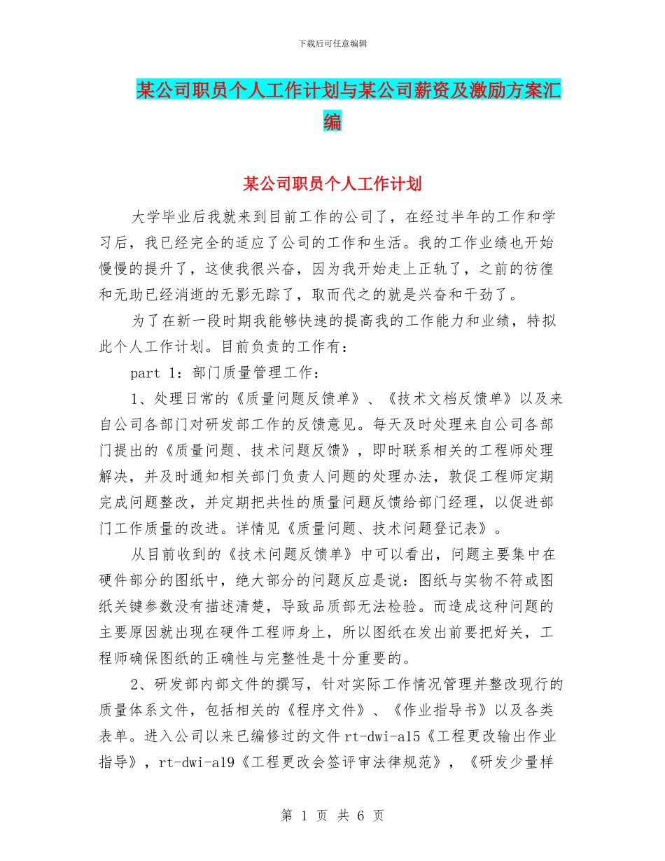 某公司职员个人工作计划与某公司薪资及激励方案汇编_第1页