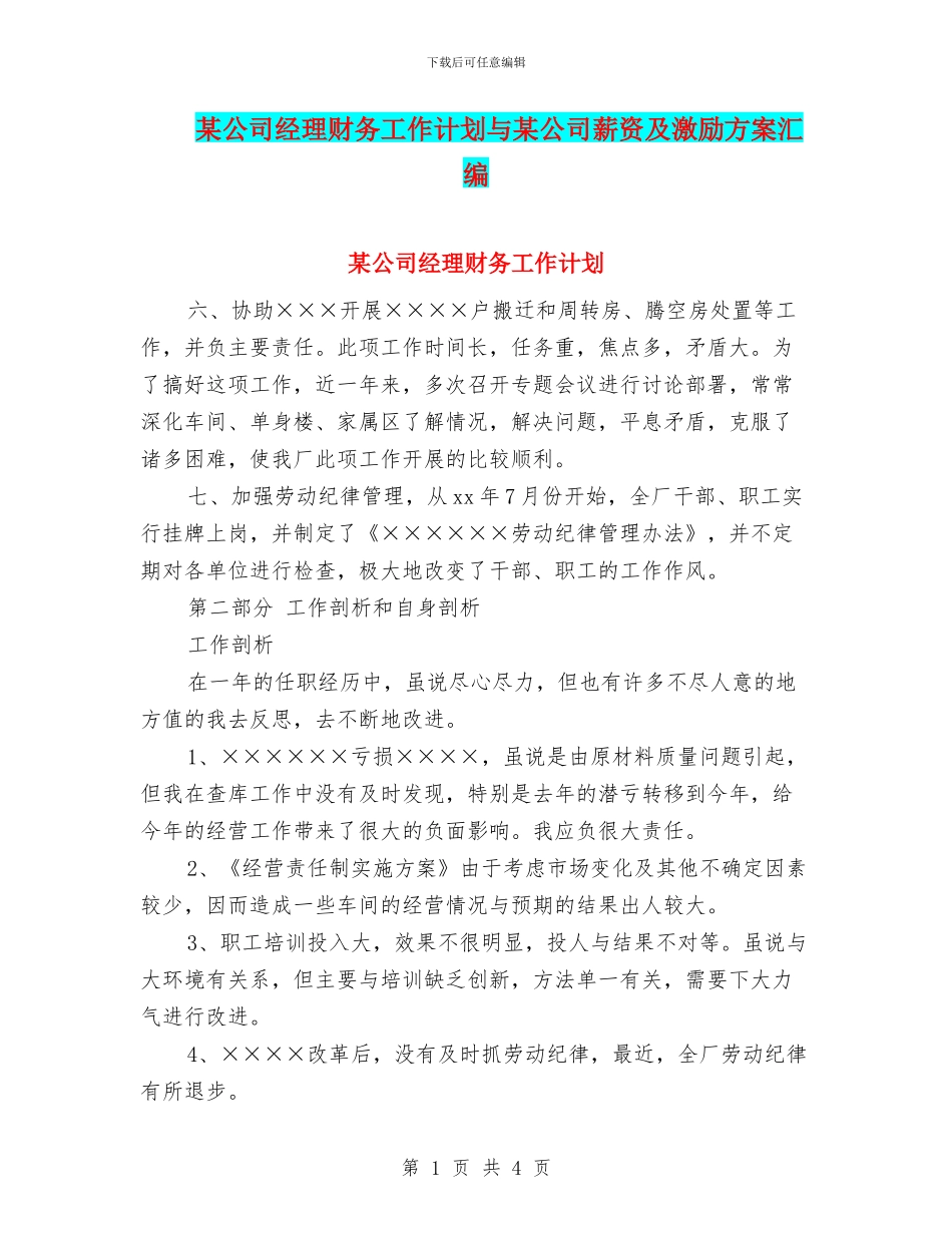 某公司经理财务工作计划与某公司薪资及激励方案汇编_第1页