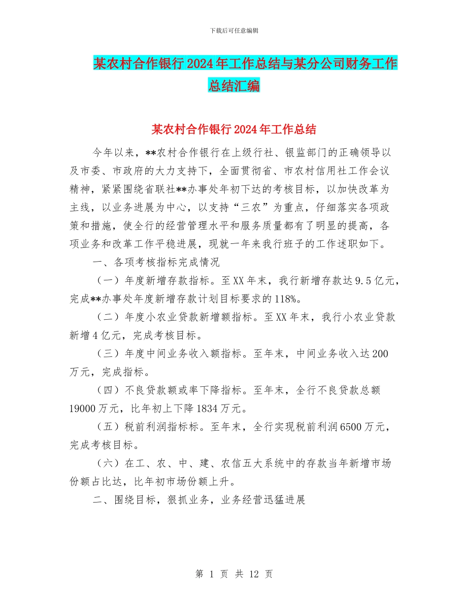 某农村合作银行2024年工作总结与某分公司财务工作总结汇编_第1页