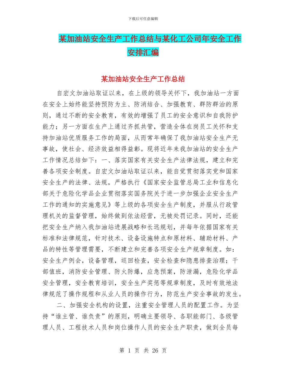 某加油站安全生产工作总结与某化工公司年安全工作安排汇编_第1页
