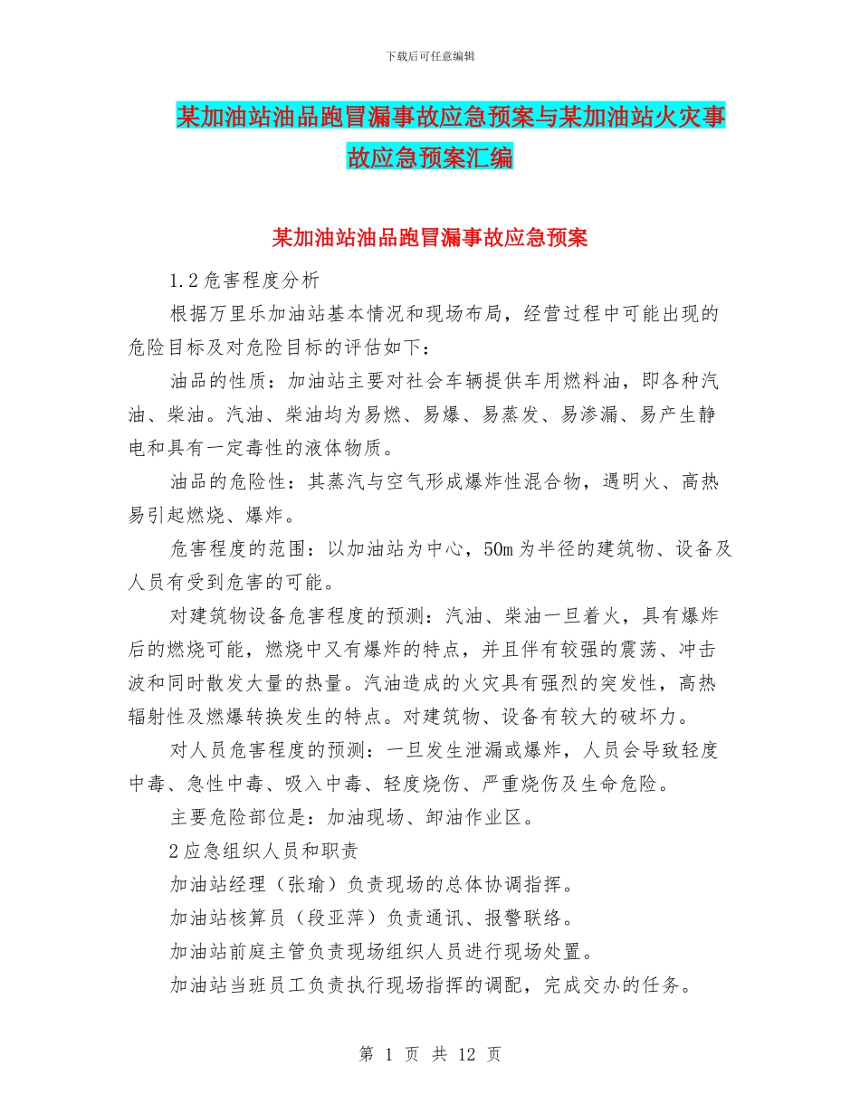 某加油站油品跑冒漏事故应急预案与某加油站火灾事故应急预案汇编_第1页