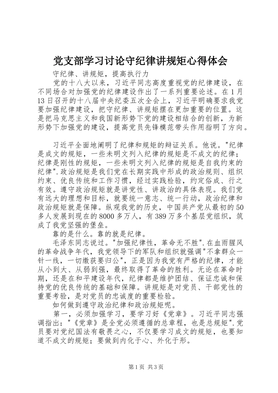 党支部学习讨论守纪律讲规矩心得体会_第1页