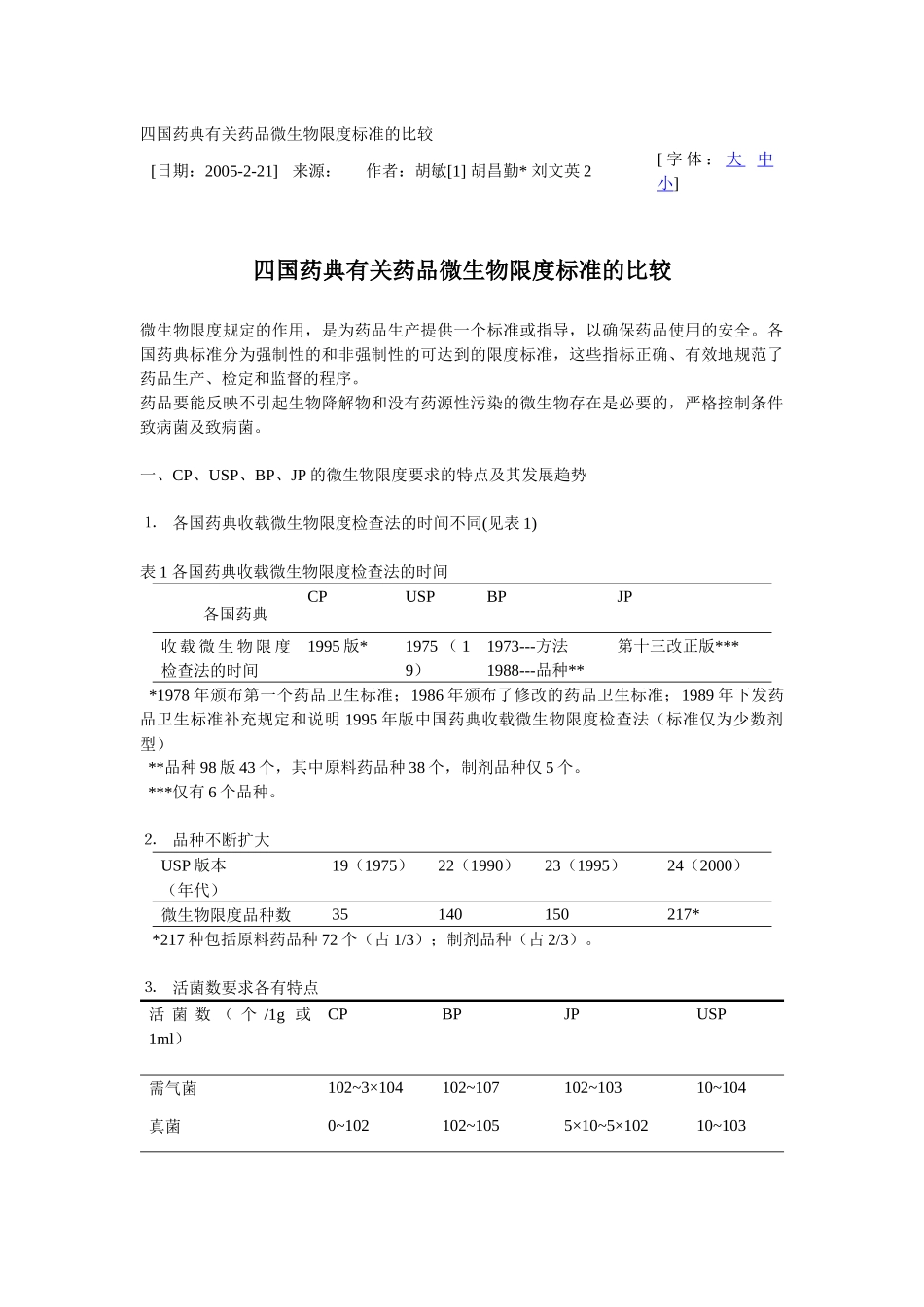 中、日、美、英四国药典有关药品微生物限度标准的比较_第1页