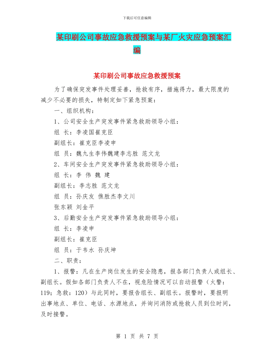某印刷公司事故应急救援预案与某厂火灾应急预案汇编_第1页