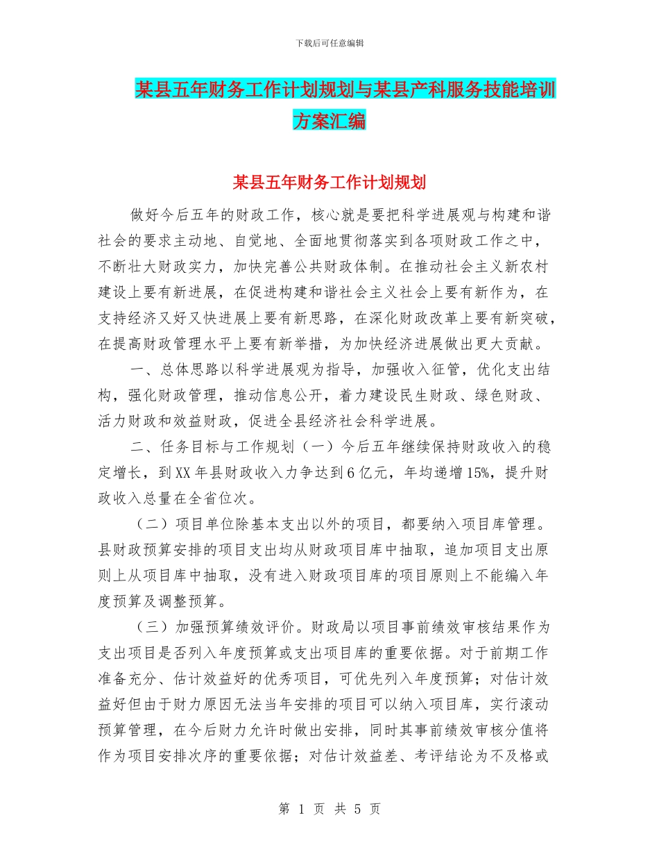 某县五年财务工作计划规划与某县产科服务技能培训方案汇编_第1页