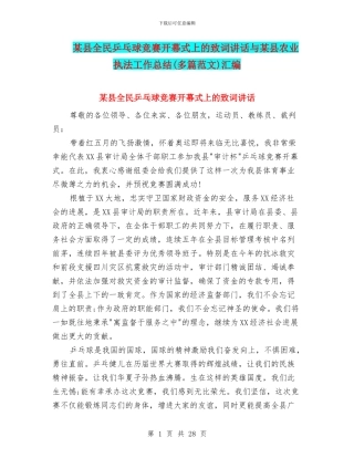 某县全民乒乓球比赛开幕式上的致词讲话与某县农业执法工作总结汇编